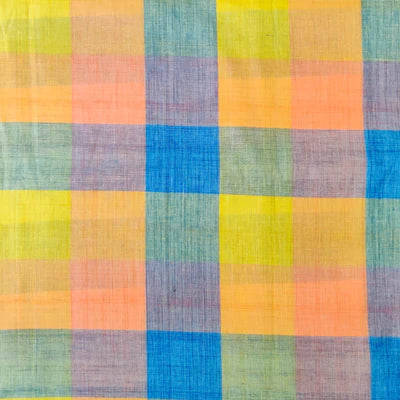 Pure Cotton Shades Of Green Blue Yellow Peach Checks Handloom Blouse Fabric ( 1 Meter )