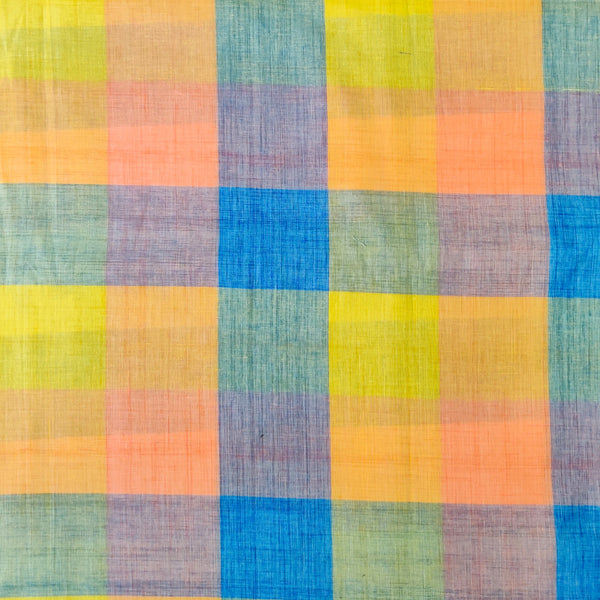 Pure Cotton Shades Of Green Blue Yellow Peach Checks Handloom Fabric