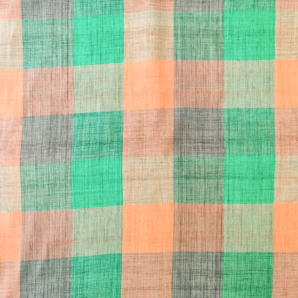 Pure Cotton Shades Of Green Orange Checks Handloom Fabric