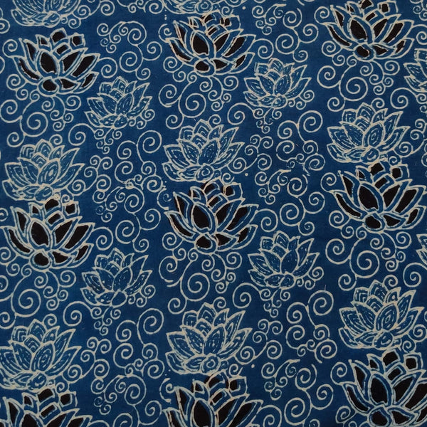 Pure Cotton Special Ajrak Blue With Black Lotus Jaal Hand Block Print Fabric