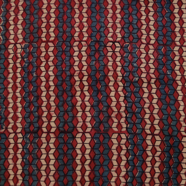 Pure Cotton Special Ajrak Maroon Cream Blue Geometric Hand Block Print Fabric