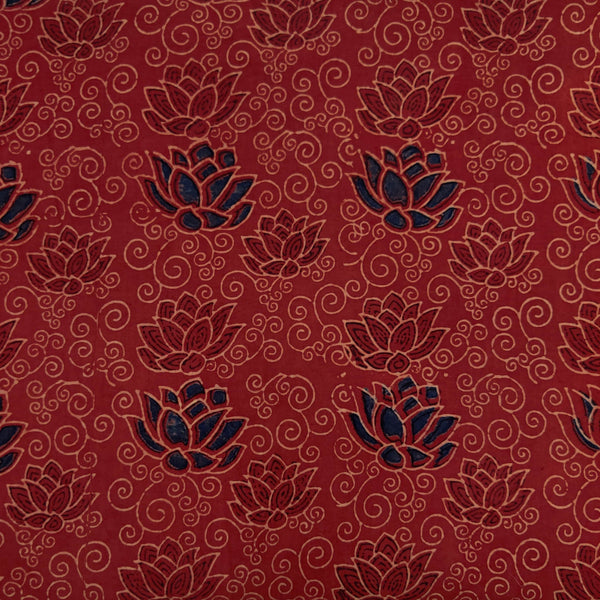 Pure Cotton Special Ajrak Maroon With Blue Red Lotus Jaal Hand Block Print Fabric