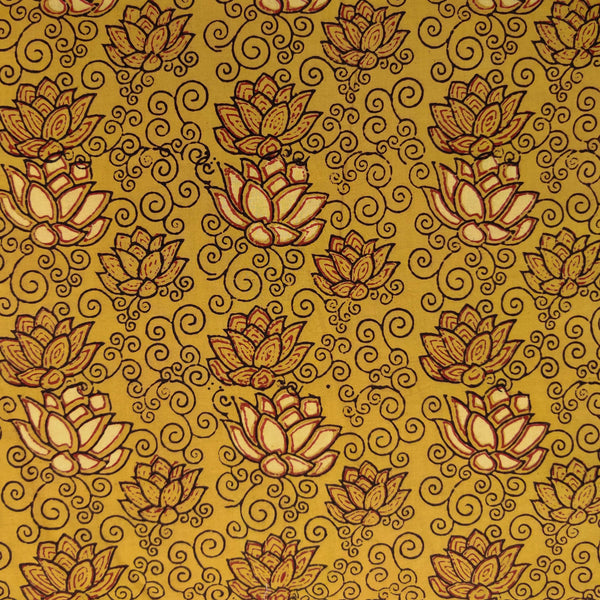 Pure Cotton Special Ajrak Mustard With Red Cream Lotus Jaal Hand Block Print Fabric