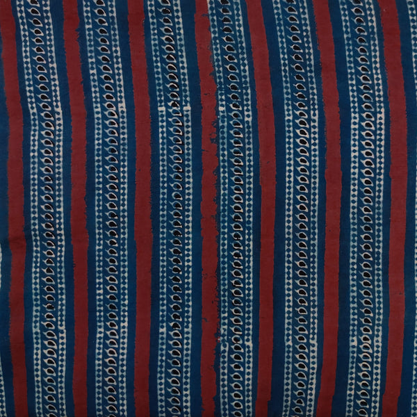 Pure Cotton Special Ajrak With Blue Cream Black Border Stripes Hand Block Print Fabric