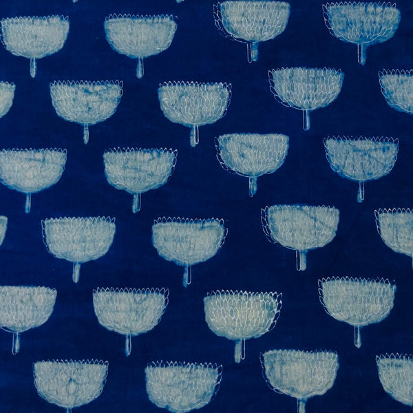 Pure Cotton Special Akola Indigo With Chalice Flower Hand Block Print Fabric