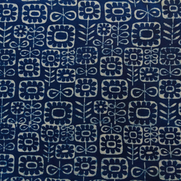 Pure Cotton Special Akola Indigo With Light Indigo Flowers In The Garden Hand Block Print Fabric