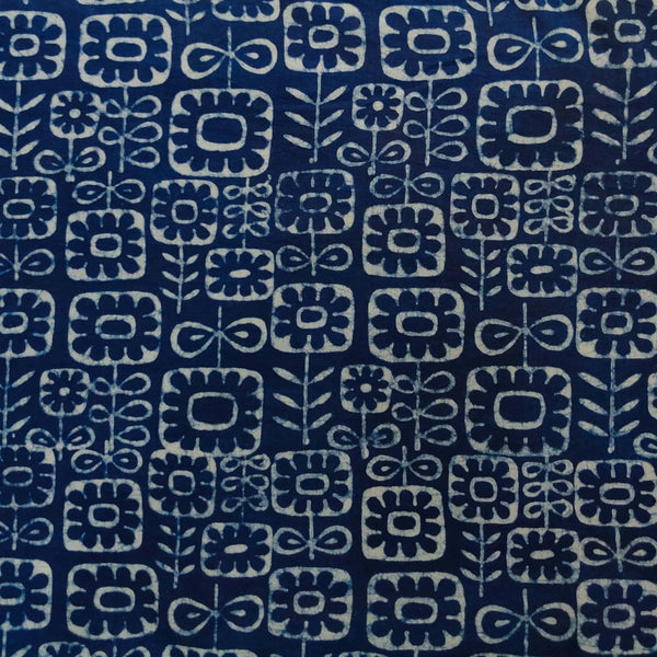 Pre-cut ( 1.50 meter )Pure Cotton Special Akola Indigo With Light Indigo Flowers In The Garden Hand Block Print Fabric