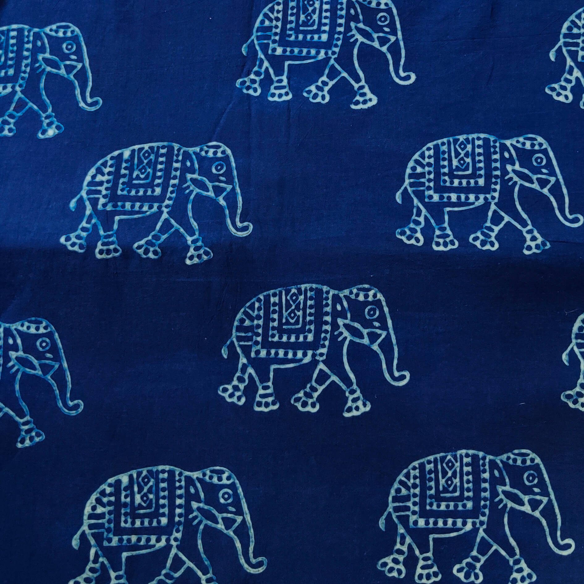 Buy Indigo and white large elephant cotton block print fabric-5189