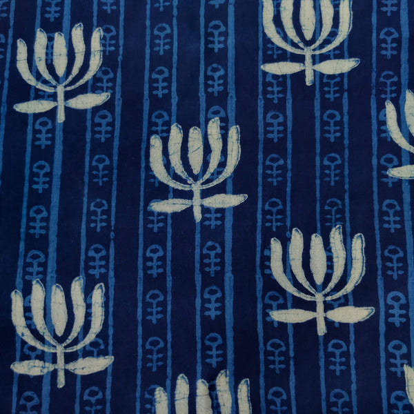 Pure Cotton Special Ankola Indigo With Intricate Stripes And Lotus Hand Block Print Fabric