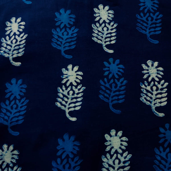 Pure Cotton Special Ankola Indigo With Light Blue And White Single Flower Plant Hand Block Print Fabric