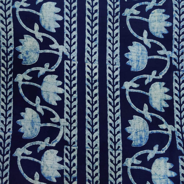 Pure Cotton Special Ankola Indigo With Lotus Jaal And Intricate Stripes Hand Block Print Fabric