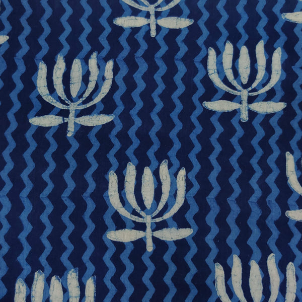 Pure Cotton Special Ankola Indigo With Wavy Lines And Lotus Hand Block Print Fabric