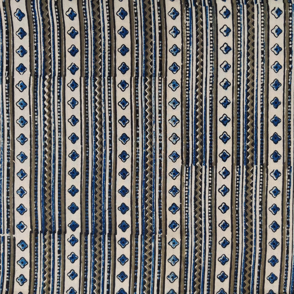 Pure Cotton Special Double Ajrak Cream With Blue And Grey Intricate Stripes Hand Block Print Fabric