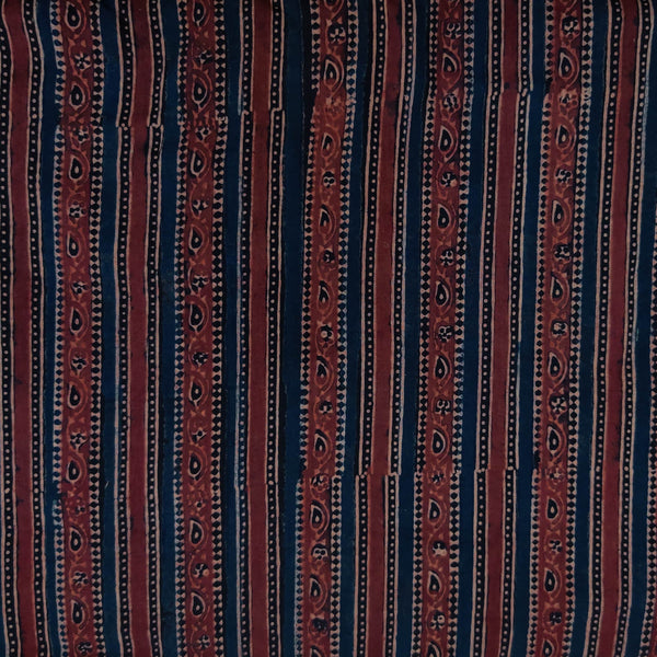 Pure Cotton Special Double Ajrak With Rust And Blue Intricate Stripes Hand Block Print Fabric