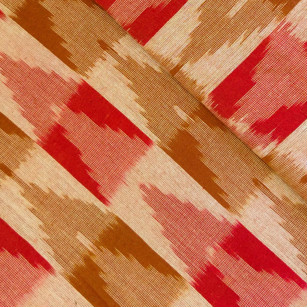 Pure Cotton Special Double Ikkat With Brown And Red Checks And Triangle Weaves Woven Fabric