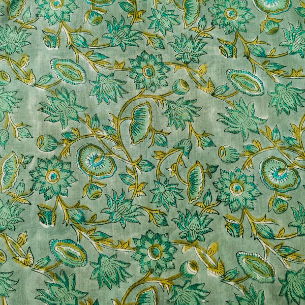 Pure Cotton Stale Green With Light Light Floral Jaal Hand Block Print Fabric