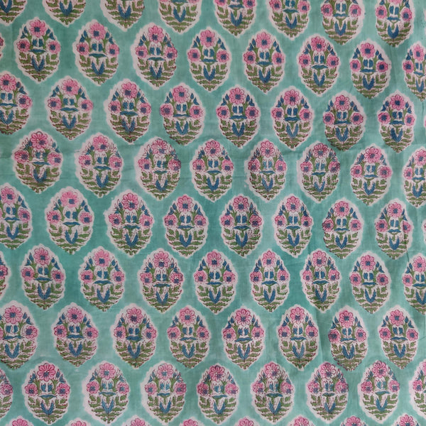 Pure Cotton Teal Green With Pink Tiny Flowers Plant Hand Block Print Fabric