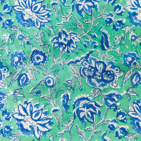 Pure Cotton Teal Jaipuri With Blue Flower Wild Jaal Hand Block Print Fabric