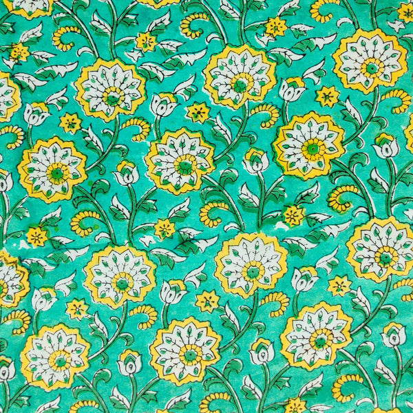 Pre-cut (1.50meter) Pure Cotton Teal Jaipuri With Single Yellow Flower Jaal Hand Block Print Fabric