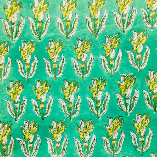 Pure Cotton Teal Jaipuri With Single Yellow Flower Motif Hand Block Print Fabric