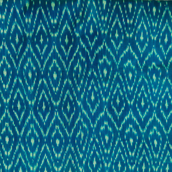 Pure Cotton Teal Mecerised Ikkat With Cream Weaves Hand Woven Fabric