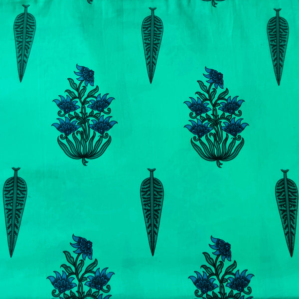 Pure Cotton Teal With Multi Mughal Motifs Screen Print Fabric