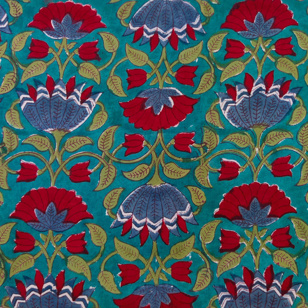 Pure Cotton Teal With Red And Blue Creeper Hand Block Print Fabric