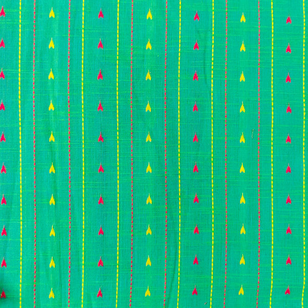 Pure Cotton Teal With Shades Of Pink Yellow Triangle Stripes Handloom Fabric