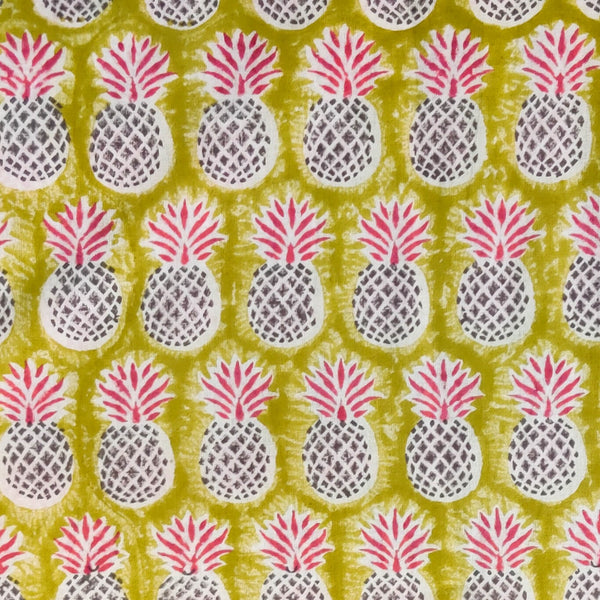 Pure Cotton Textured Green With Pineapple hand Block Print Fabric