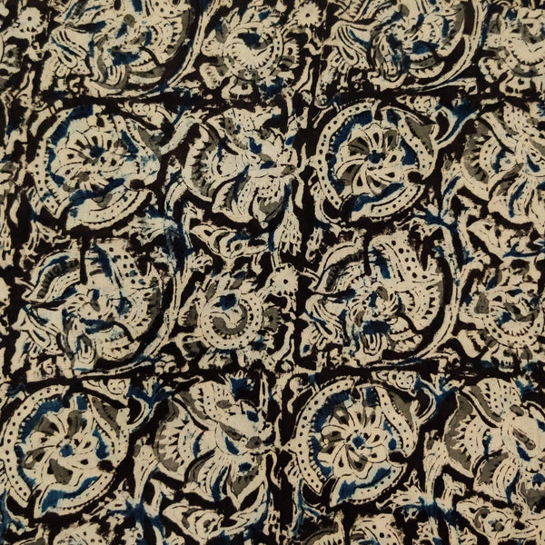 Pure Cotton Traditional Kalamkari Black With Blue And Grey Jaal Hand Block Print Fabric