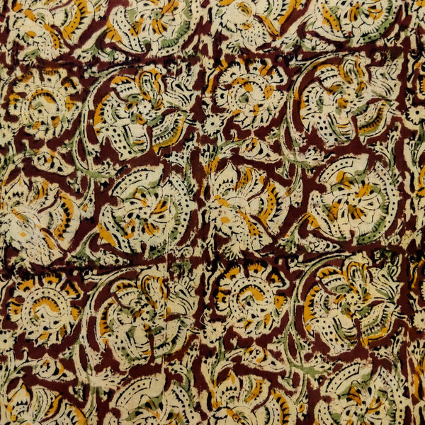 Pure Cotton Traditional Kalamkari Brown With Cream Mustard And Blue Flower Jaal Hand Block Print Fabric