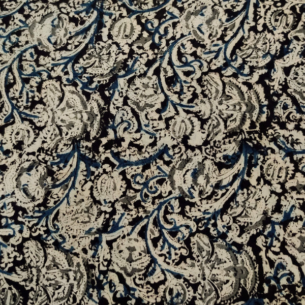 Pure Cotton Traditional Kalamkari Off White With Blue And Grey Jaal Hand Block Print Fabric