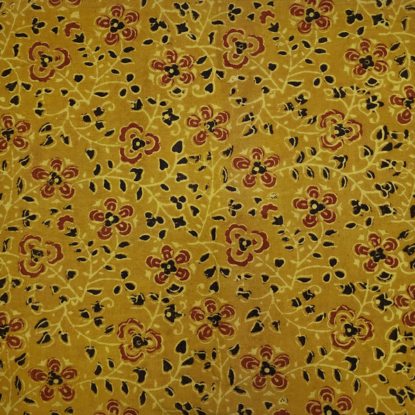 Pure Cotton Tumeric Dyed With Rust Floral Jaal Hand Block Print Fabric