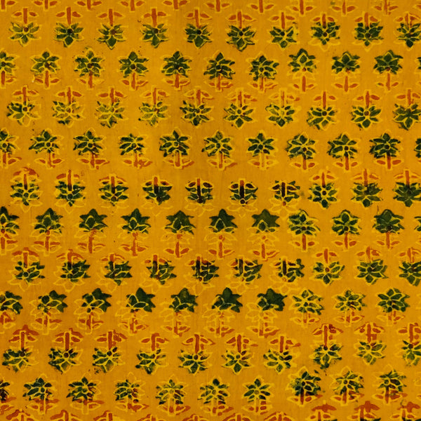 Pure Cotton Turmeric Dyed Ajrak With Green Tiny Flower Hand Block Print Fabric