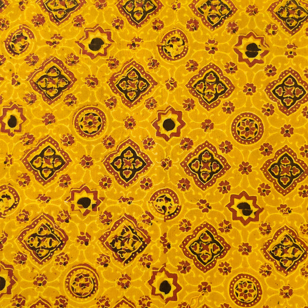 Pure Cotton Turmeric Dyed Ajrak With Persian Tiles Hand Block Print Blosue Fabric ( 1 Meter )