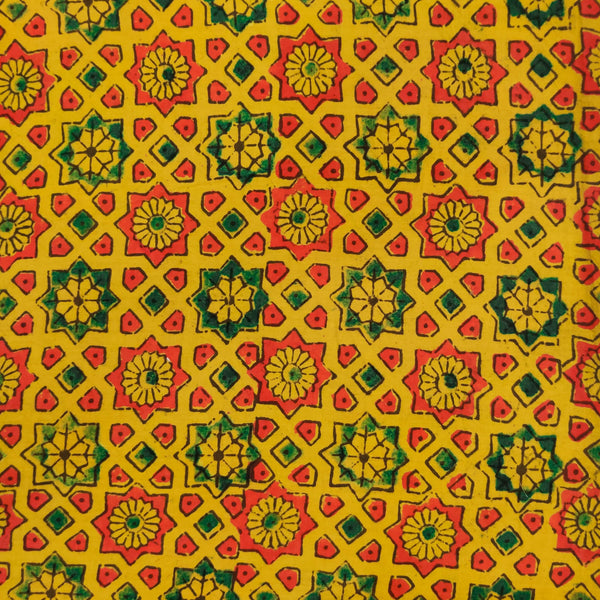 Pure Cotton Turmeric Dyed Natural Ajrak With Star Tile Hand Block Print Fabric