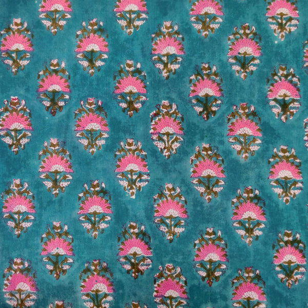 Pure Cotton Unique Blue With Pink Flower Motifs Hand Block Print Fabric