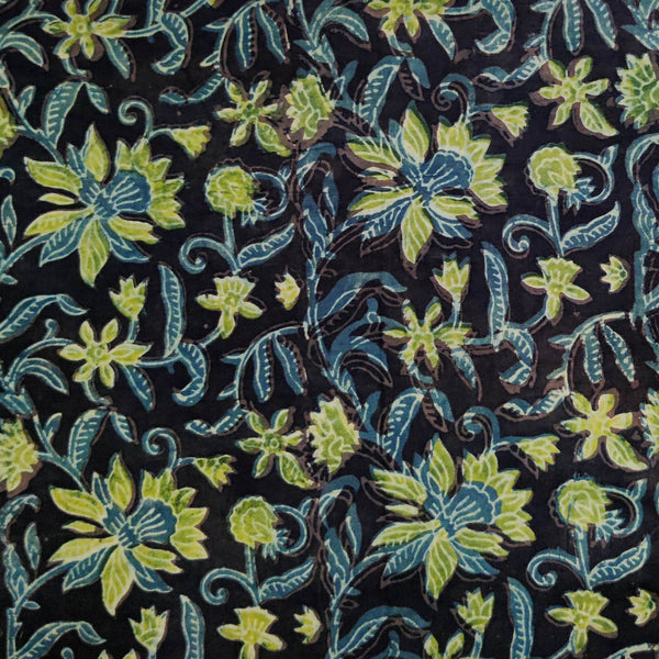 Pure Cotton Vanaspati Black With Blue Green Floral Jaal Hand Block Print Fabric