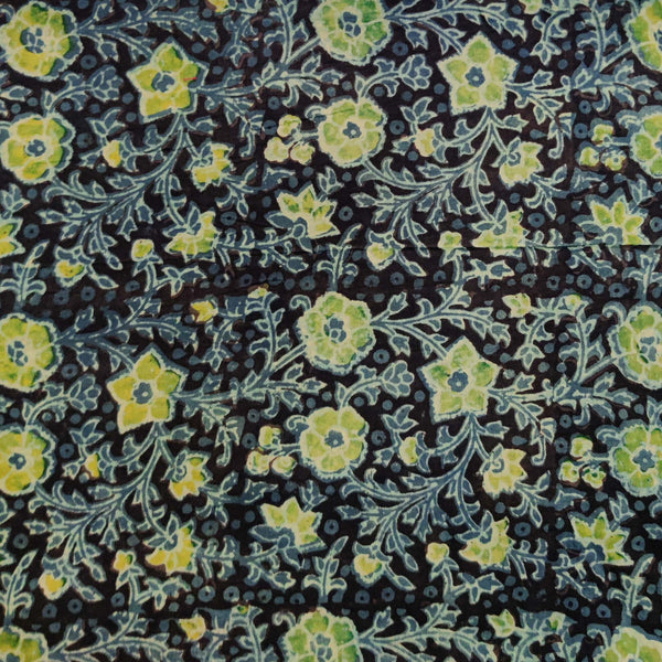 Pure Cotton Vanaspati Black With Blue Green Small Flower Jaal Hand Block Print Fabric