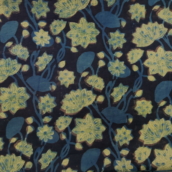 Pure Cotton Vanaspati Black With Blue Green Wild Kamal Jaal Hand Block Print Fabric