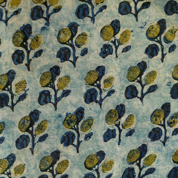 Pure Cotton Vanaspati Blue With Green Blue Plant Motifs Hand Block Print Fabric