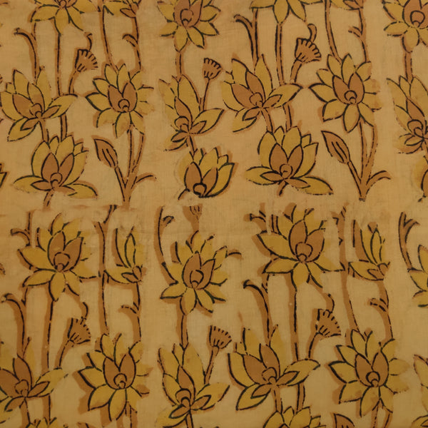 Pure Cotton Vanaspati Brown Mustard With Beautiful Lotus Jaal Hand Block Print Fabric