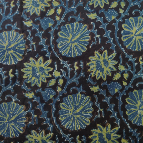 Pure Cotton Vanaspati Earthy Black With Blue Green Marrigold Jaal Hand Block Print Fabric