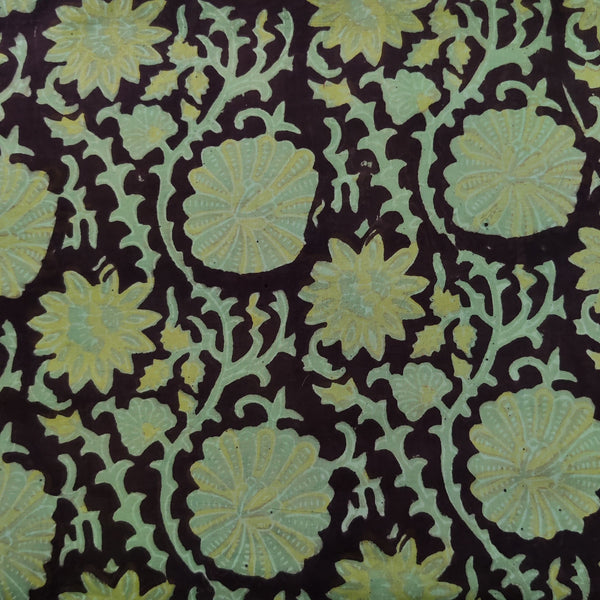 Pure Cotton Vanaspati Earthy Black With Green Marrigold Jaal Hand Block Print Fabric