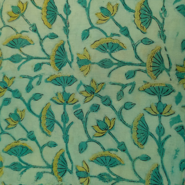 Pure Cotton Vanaspati Green Blue With Lotus Jaal Hand Block Print Fabric