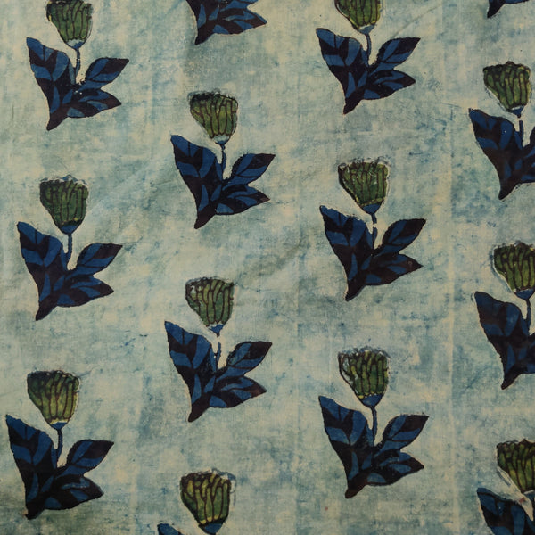 Pure Cotton Vanaspati Light Blue Textured With Single Flower Hand Block Print Fabric