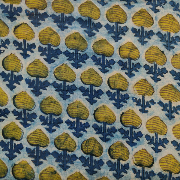 Pure Cotton Vanaspati Light Blue With Green Blue Flower Bud Hand Block Print Fabric