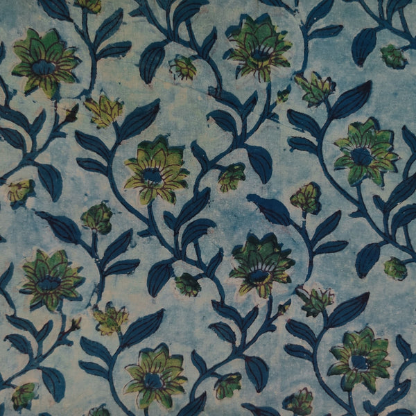 Pure Cotton Vanaspati Light Textured Blue Green With Floral Jaal Hand Block Print Fabric