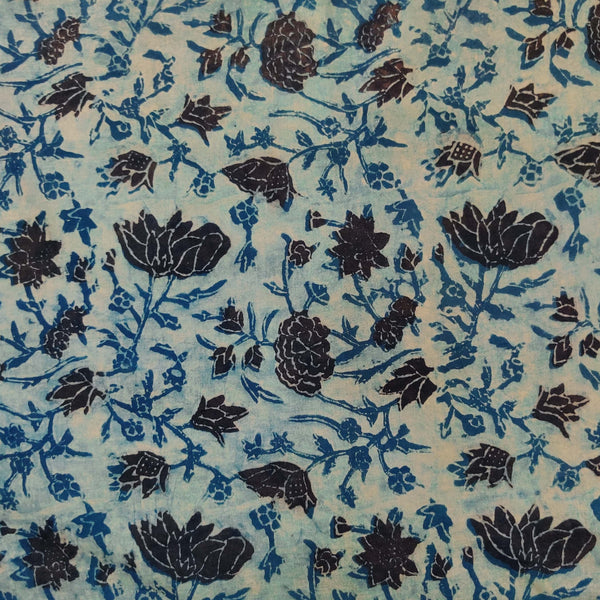 Pure Cotton Vanaspati Light Textured Blue With Black Lotus Jaal Hand Block Print Fabric