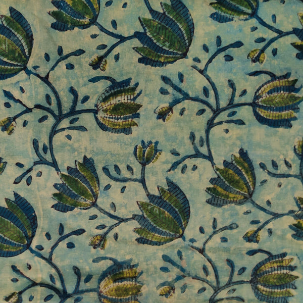 Pure Cotton Vanaspati Light Textured Blue With Blue Green Lotus Jaal Hand Block Print Fabric